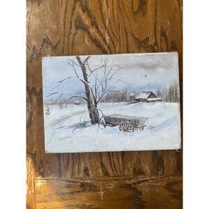 Vintage Winter Landscape Canvas Painting With Barn & Wagon Scene